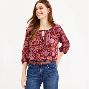 Loft burgundy floral tie neck blouse, size small